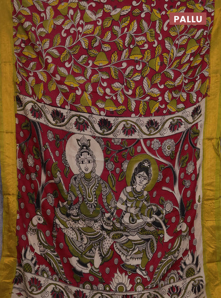 Kalamkari semi silk saree magenta pink and lime green with allover prints and mangalgiri border