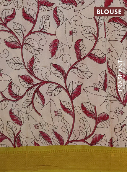 Kalamkari semi silk saree magenta pink and lime green with allover prints and mangalgiri border
