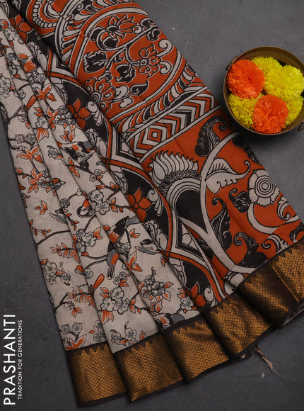 Kalamkari semi silk saree beige and bkack with allover prints and mangalgiri border