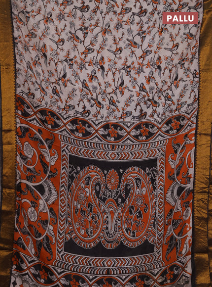 Kalamkari semi silk saree beige and bkack with allover prints and mangalgiri border