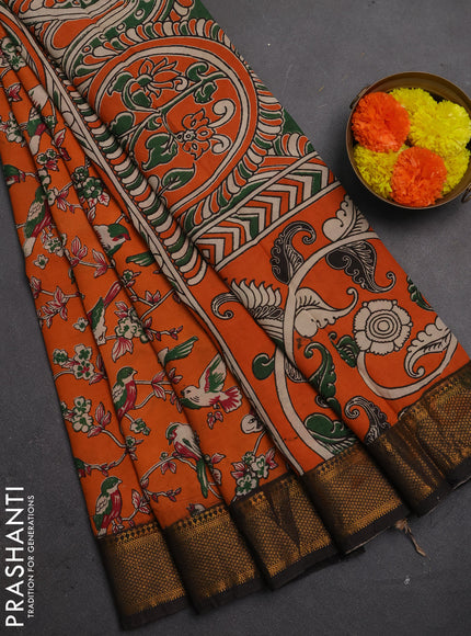 Kalamkari semi silk saree orange and black with allover prints and mangalgiri border
