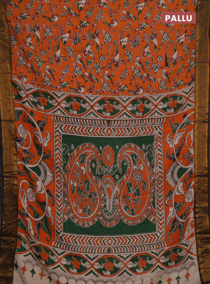 Kalamkari semi silk saree orange and black with allover prints and mangalgiri border