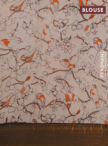 Kalamkari semi silk saree orange and black with allover prints and mangalgiri border