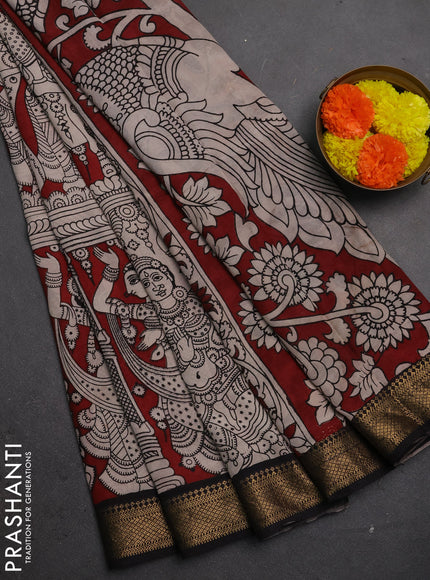 Kalamkari semi silk saree maroon and black with allover prints and mangalgiri border