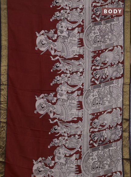 Kalamkari semi silk saree maroon and black with allover prints and mangalgiri border
