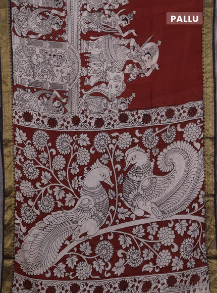 Kalamkari semi silk saree maroon and black with allover prints and mangalgiri border