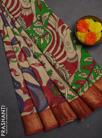 Kalamkari semi silk saree beige and rust shade with allover prints and mangalgiri border