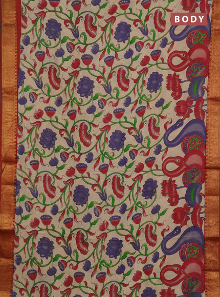 Kalamkari semi silk saree beige and rust shade with allover prints and mangalgiri border