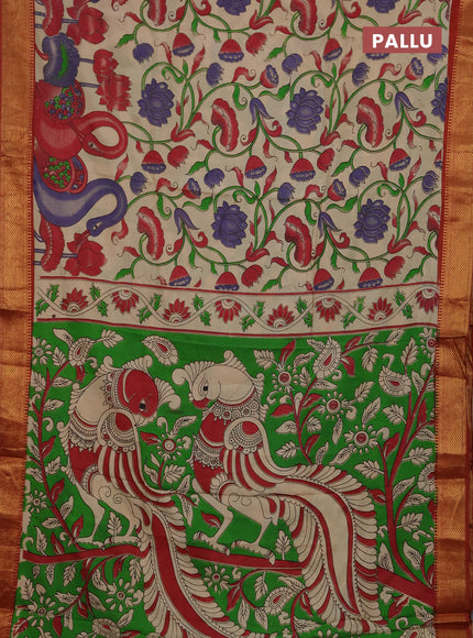 Kalamkari semi silk saree beige and rust shade with allover prints and mangalgiri border