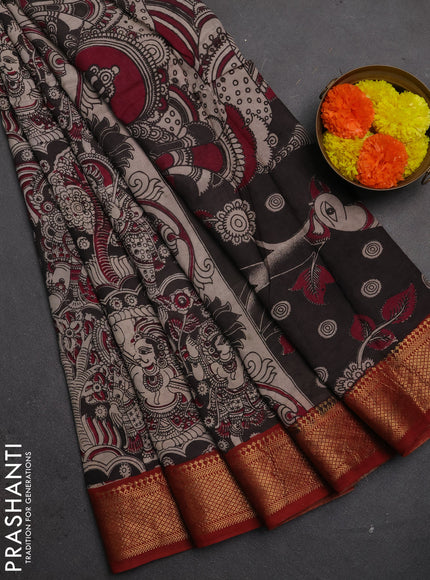 Kalamkari semi silk saree deep coffee brown and rust shade with allover prints and mangalgiri border