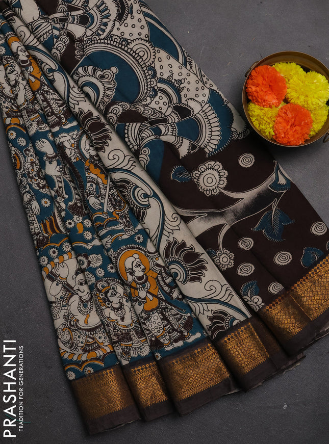 Kalamkari semi silk saree peacock green and coffee brown with allover prints and mangalgiri border