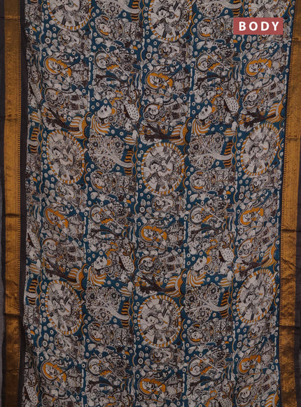 Kalamkari semi silk saree peacock green and coffee brown with allover prints and mangalgiri border
