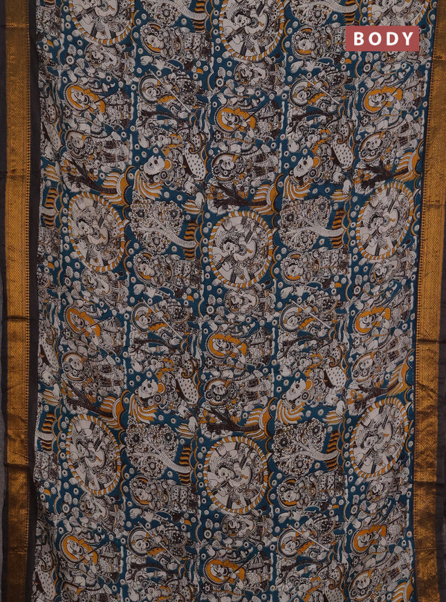 Kalamkari semi silk saree peacock green and coffee brown with allover prints and mangalgiri border