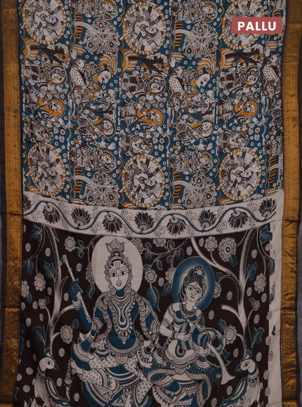 Kalamkari semi silk saree peacock green and coffee brown with allover prints and mangalgiri border