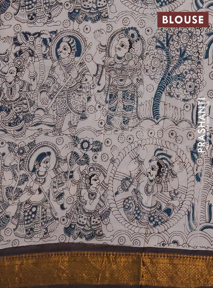 Kalamkari semi silk saree peacock green and coffee brown with allover prints and mangalgiri border