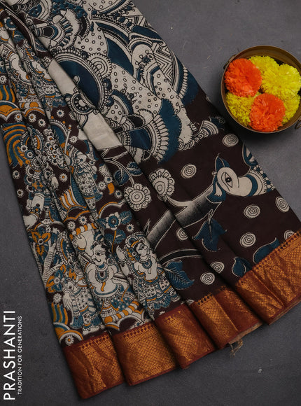 Kalamkari semi silk saree coffee brown and brown with allover prints and mangalgiri border