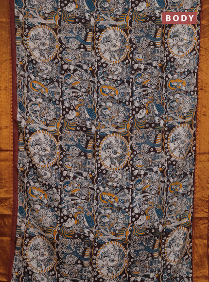 Kalamkari semi silk saree coffee brown and brown with allover prints and mangalgiri border