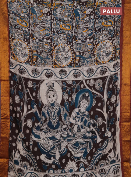Kalamkari semi silk saree coffee brown and brown with allover prints and mangalgiri border