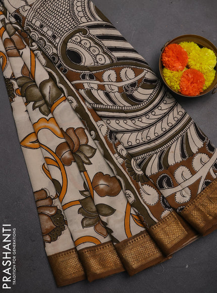 Kalamkari semi silk saree beige and dark mustard with allover prints and mangalgiri border