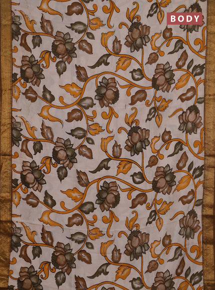 Kalamkari semi silk saree beige and dark mustard with allover prints and mangalgiri border