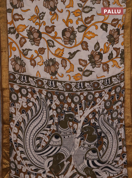 Kalamkari semi silk saree beige and dark mustard with allover prints and mangalgiri border