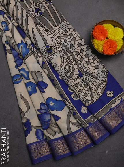 Kalamkari semi silk saree beige and blue with allover prints and mangalgiri border