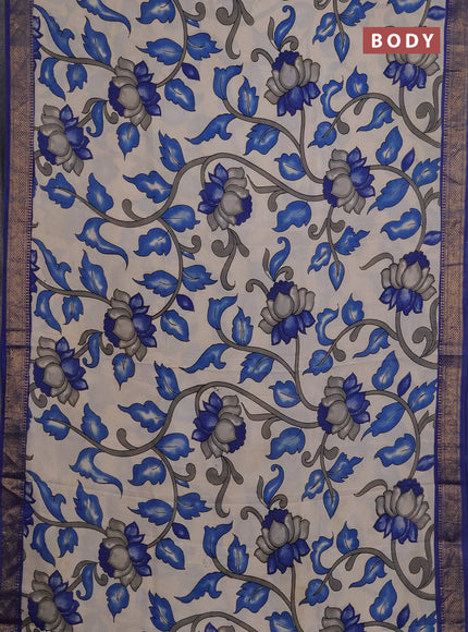 Kalamkari semi silk saree beige and blue with allover prints and mangalgiri border