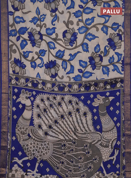 Kalamkari semi silk saree beige and blue with allover prints and mangalgiri border