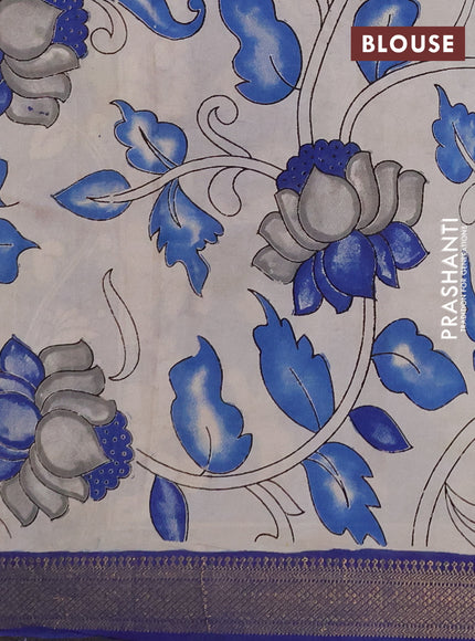 Kalamkari semi silk saree beige and blue with allover prints and mangalgiri border