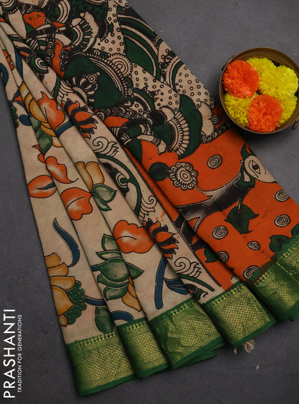 Kalamkari semi silk saree beige and green with allover prints and mangalgiri border