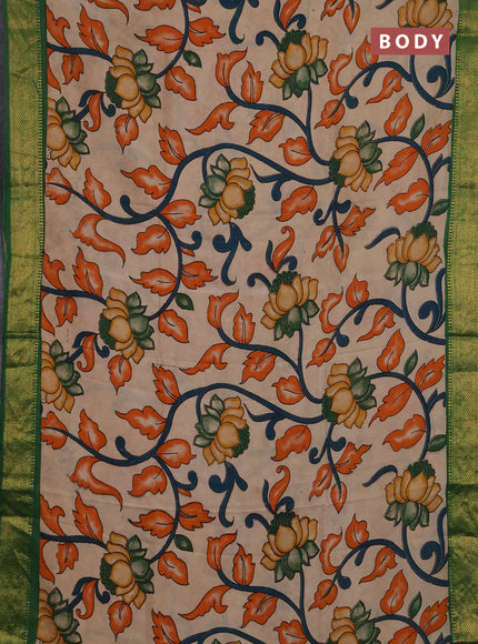 Kalamkari semi silk saree beige and green with allover prints and mangalgiri border