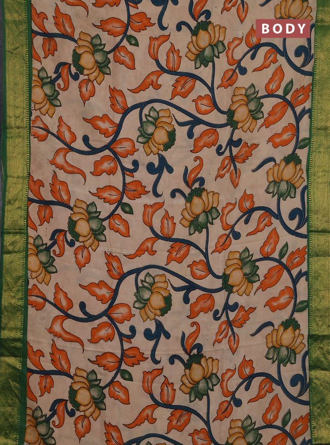 Kalamkari semi silk saree beige and green with allover prints and mangalgiri border