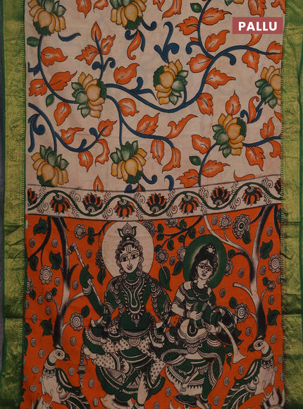 Kalamkari semi silk saree beige and green with allover prints and mangalgiri border