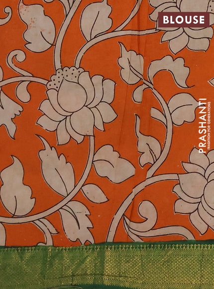 Kalamkari semi silk saree beige and green with allover prints and mangalgiri border