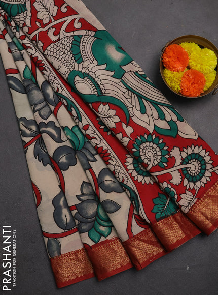 Kalamkari semi silk saree beige and maroon with allover prints and mangalgiri border