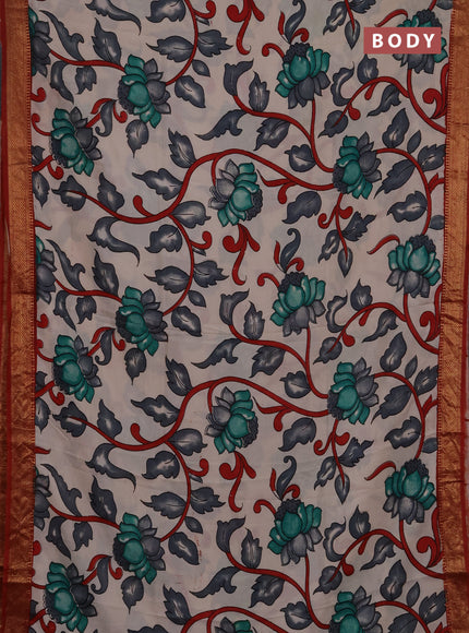 Kalamkari semi silk saree beige and maroon with allover prints and mangalgiri border