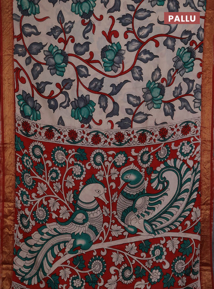 Kalamkari semi silk saree beige and maroon with allover prints and mangalgiri border