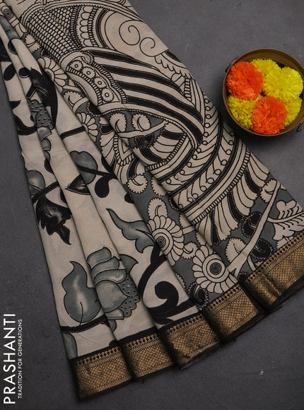 Kalamkari semi silk saree beige and black with allover prints and mangalgiri border