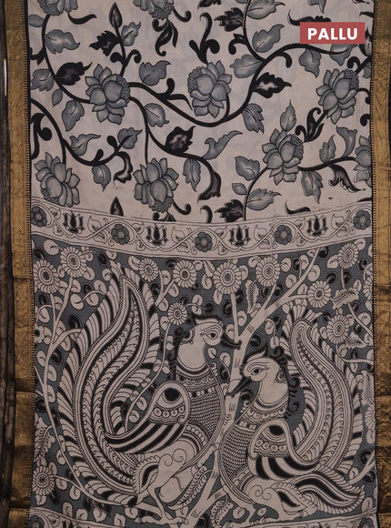 Kalamkari semi silk saree beige and black with allover prints and mangalgiri border