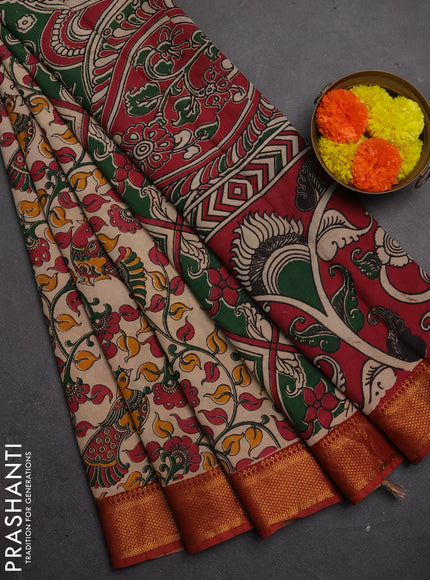 Kalamkari semi silk saree beige and rust shade with allover prints and mangalgiri border