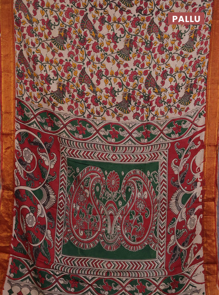 Kalamkari semi silk saree beige and rust shade with allover prints and mangalgiri border