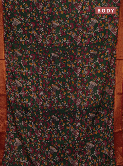 Kalamkari semi silk saree green and rust shade with allover prints and mangalgiri border