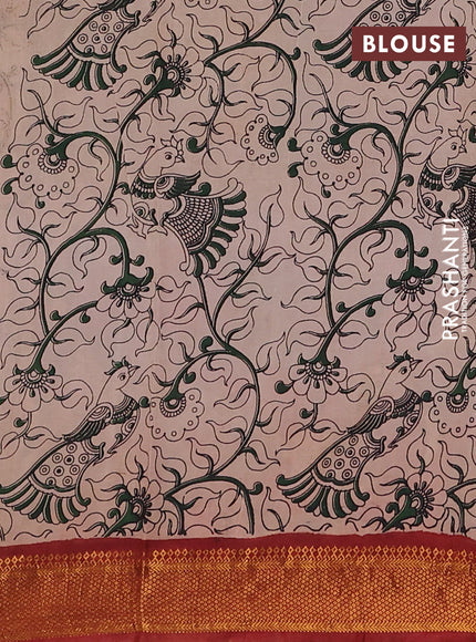 Kalamkari semi silk saree green and rust shade with allover prints and mangalgiri border