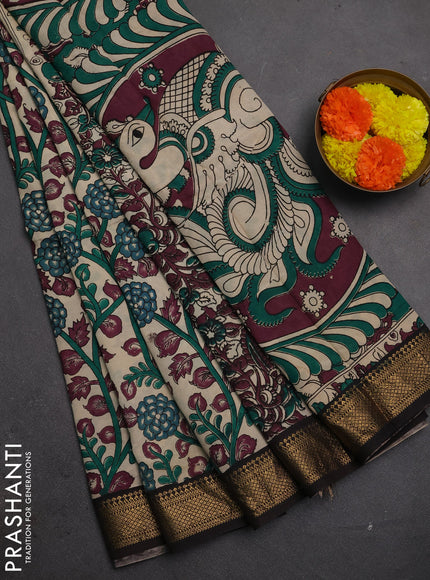 Kalamkari semi silk saree beige and black with allover prints and mangalgiri border