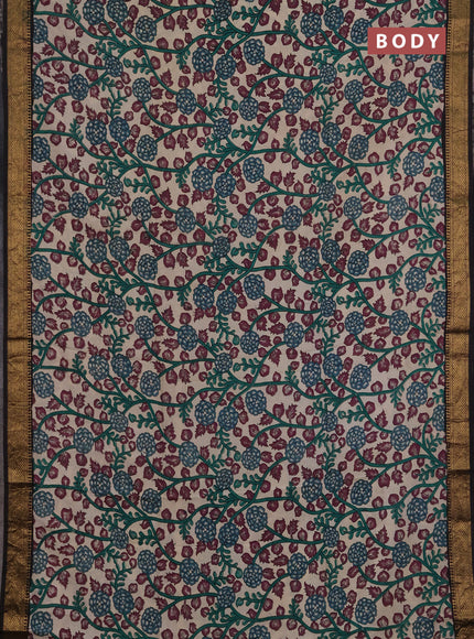 Kalamkari semi silk saree beige and black with allover prints and mangalgiri border