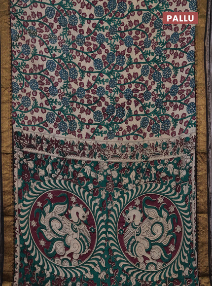 Kalamkari semi silk saree beige and black with allover prints and mangalgiri border