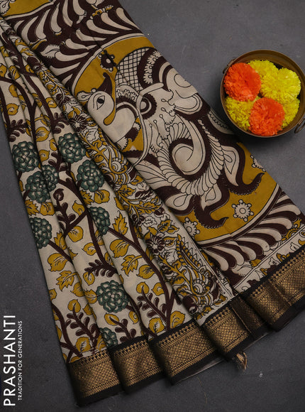 Kalamkari semi silk saree beige and black with allover prints and mangalgiri border