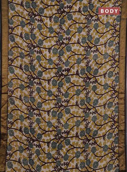 Kalamkari semi silk saree beige and black with allover prints and mangalgiri border