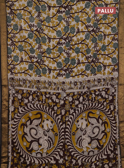 Kalamkari semi silk saree beige and black with allover prints and mangalgiri border