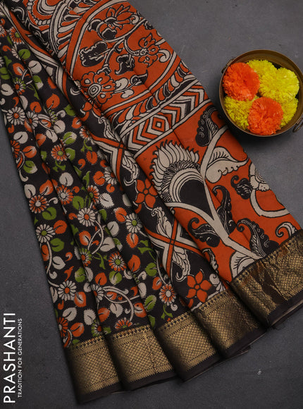Kalamkari semi silk saree black with allover prints and mangalgiri border